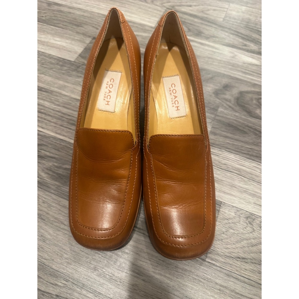 Coach New York Tan Leather Square Toe Block Heel Loafers Made in Italy 6.5B